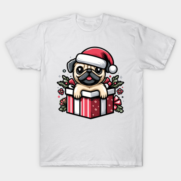 Pug In Present Dog Christmas Festive Santa Hat T-Shirt by Frank Ring