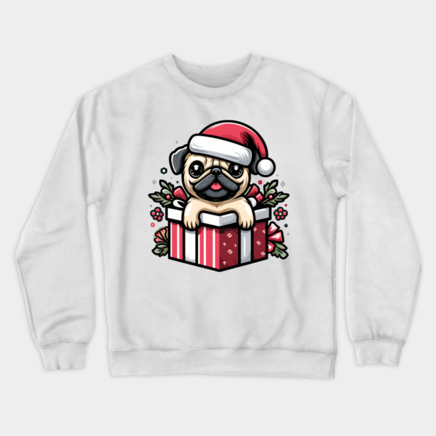 Pug In Present Dog Christmas Festive Santa Hat Crewneck Sweatshirt by Frank Ring