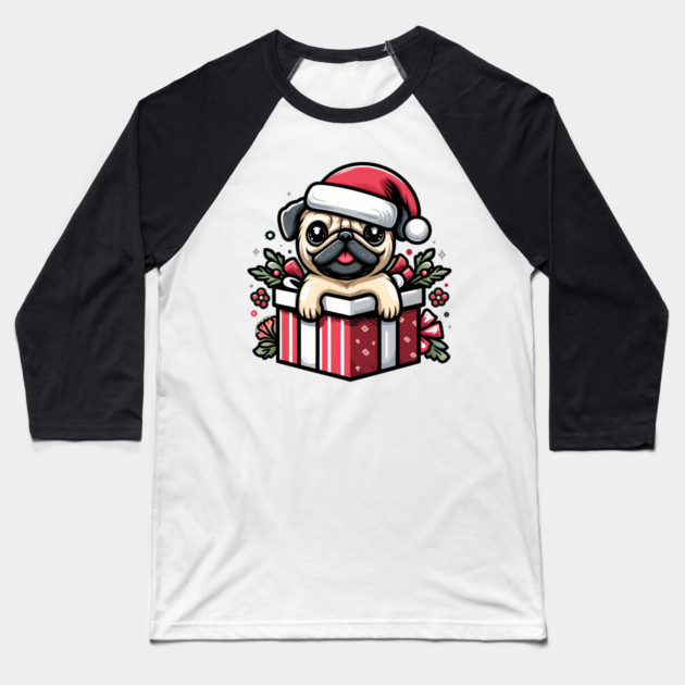 Pug In Present Dog Christmas Festive Santa Hat Baseball T-Shirt by Frank Ring