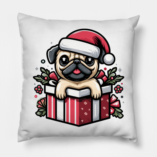Pug In Present Dog Christmas Festive Santa Hat Pillow by Frank Ring