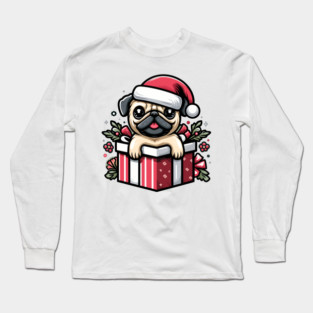 Pug In Present Dog Christmas Festive Santa Hat Long Sleeve T-Shirt