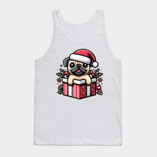 Pug In Present Dog Christmas Festive Santa Hat Tank Top
