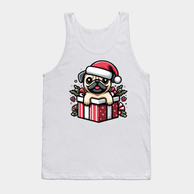 Pug In Present Dog Christmas Festive Santa Hat Tank Top by Frank Ring