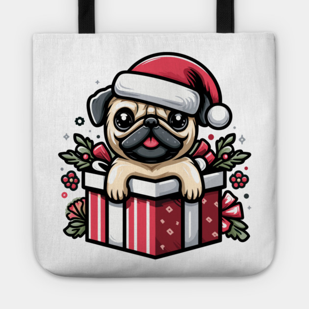 Pug In Present Dog Christmas Festive Santa Hat Tote by Frank Ring
