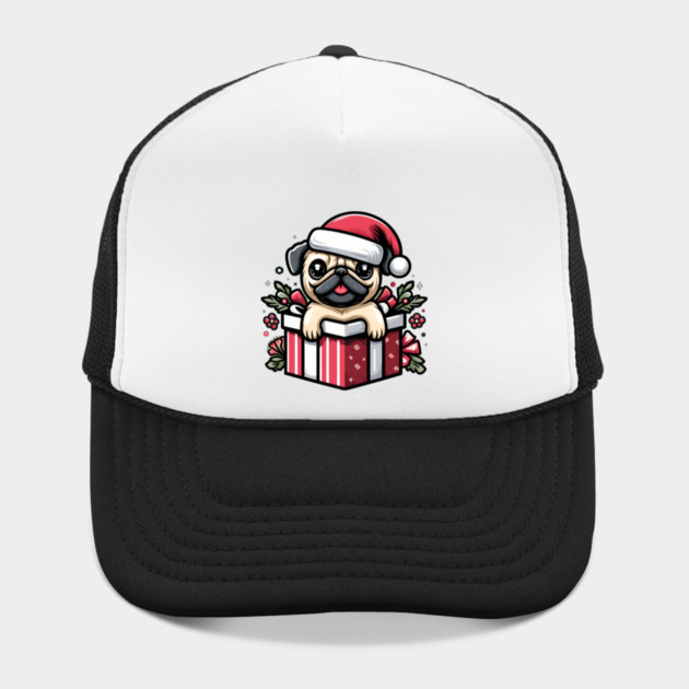 Pug In Present Dog Christmas Festive Santa Hat by Frank Ring