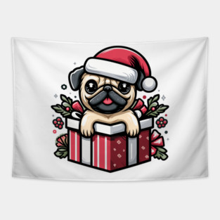 Pug In Present Dog Christmas Festive Santa Hat Tapestry