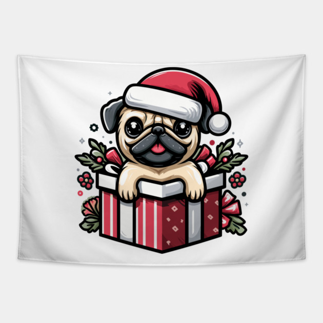Pug In Present Dog Christmas Festive Santa Hat Tapestry by Frank Ring