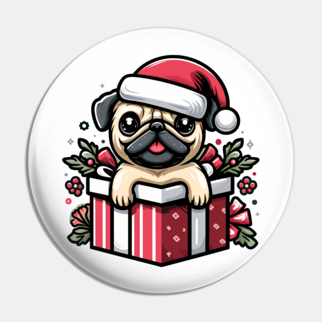 Pug In Present Dog Christmas Festive Santa Hat Pin by Frank Ring
