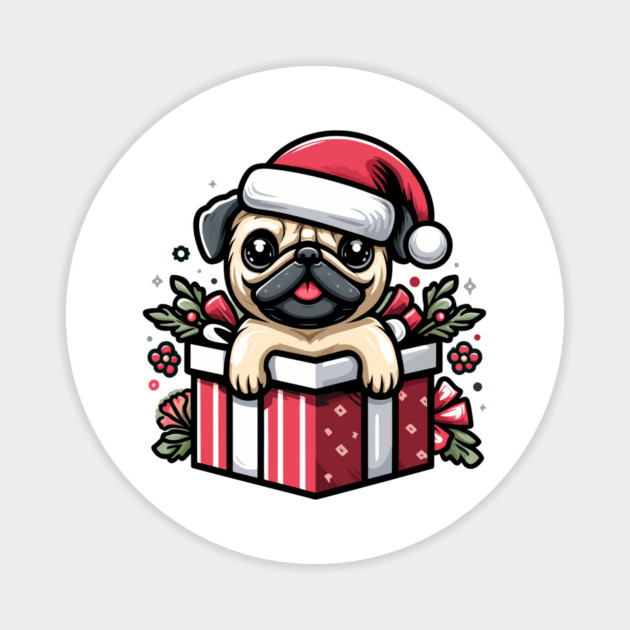 Pug In Present Dog Christmas Festive Santa Hat Magnet by Frank Ring
