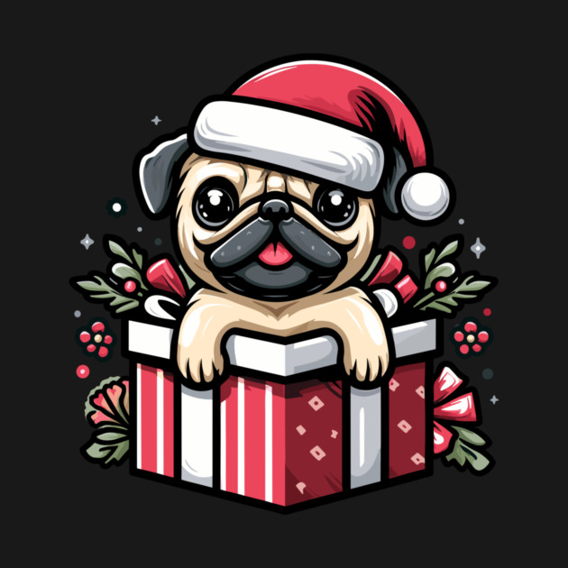 Pug In Present Dog Christmas Festive Santa Hat by Frank Ring