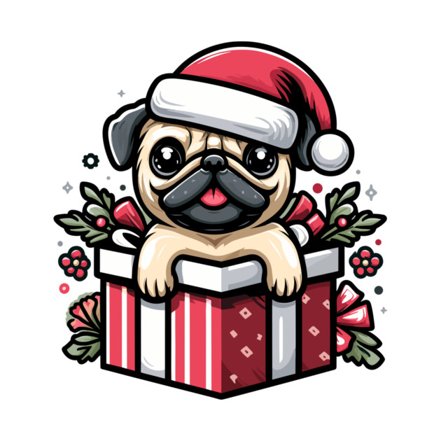 Pug In Present Dog Christmas Festive Santa Hat by Frank Ring