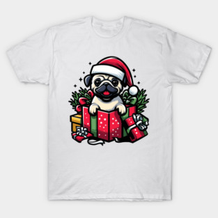 Pug In Present Dog Christmas Festive Santa Hat T-Shirt
