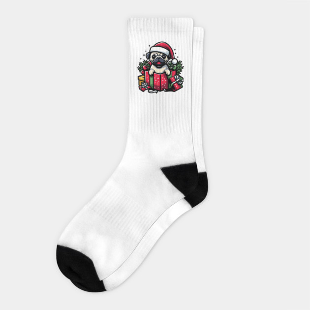 Pug In Present Dog Christmas Festive Santa Hat Socks by Frank Ring