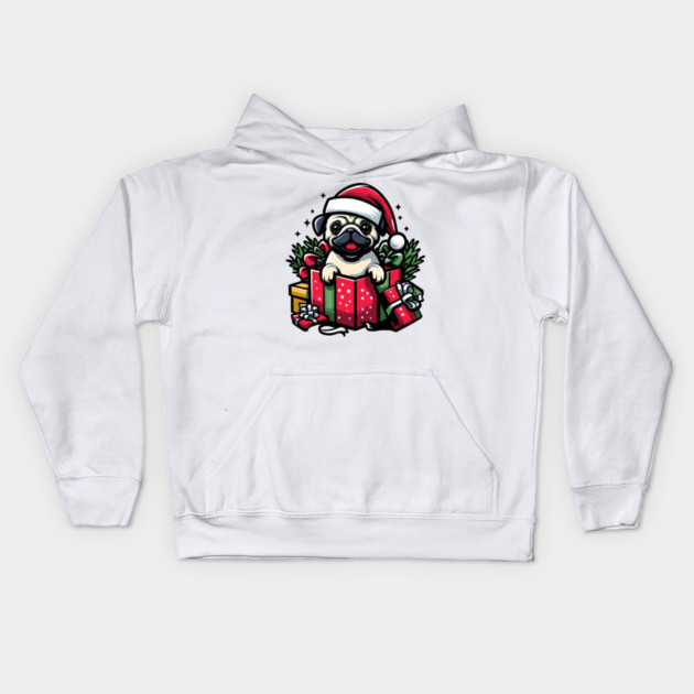 Pug In Present Dog Christmas Festive Santa Hat Kids Hoodie by Frank Ring