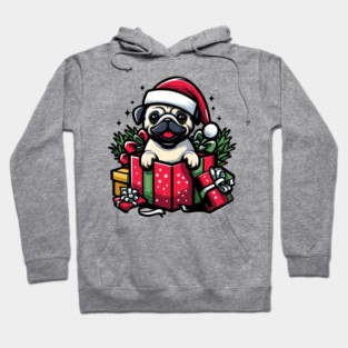 Pug In Present Dog Christmas Festive Santa Hat Hoodie