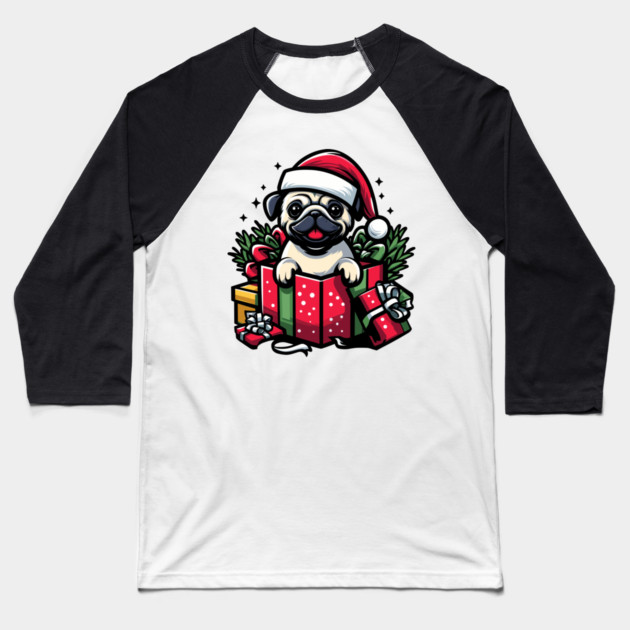 Pug In Present Dog Christmas Festive Santa Hat Baseball T-Shirt by Frank Ring