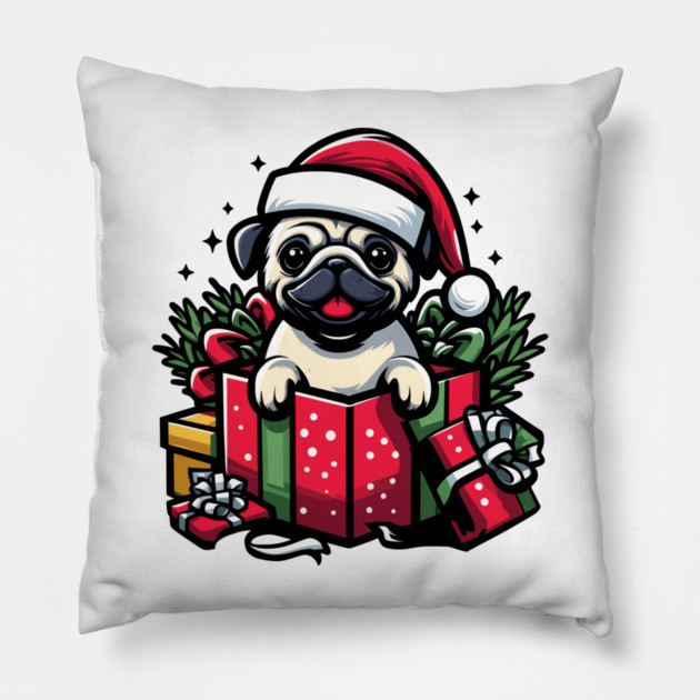 Pug In Present Dog Christmas Festive Santa Hat Pillow by Frank Ring