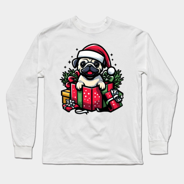 Pug In Present Dog Christmas Festive Santa Hat Long Sleeve T-Shirt by Frank Ring