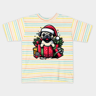 Pug In Present Dog Christmas Festive Santa Hat Kids T-Shirt