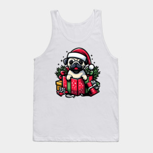 Pug In Present Dog Christmas Festive Santa Hat Tank Top
