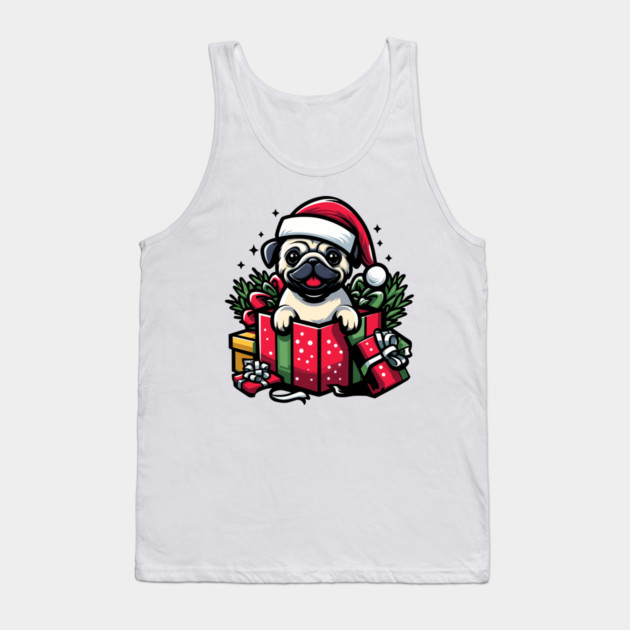 Pug In Present Dog Christmas Festive Santa Hat Tank Top by Frank Ring