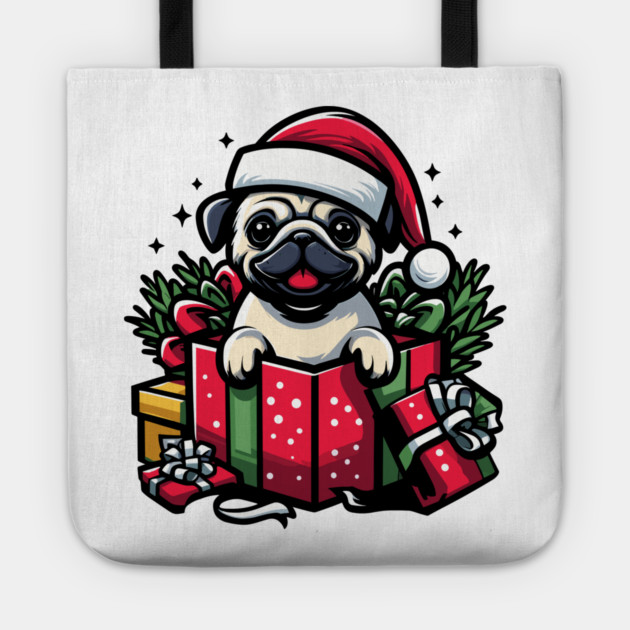 Pug In Present Dog Christmas Festive Santa Hat Tote by Frank Ring