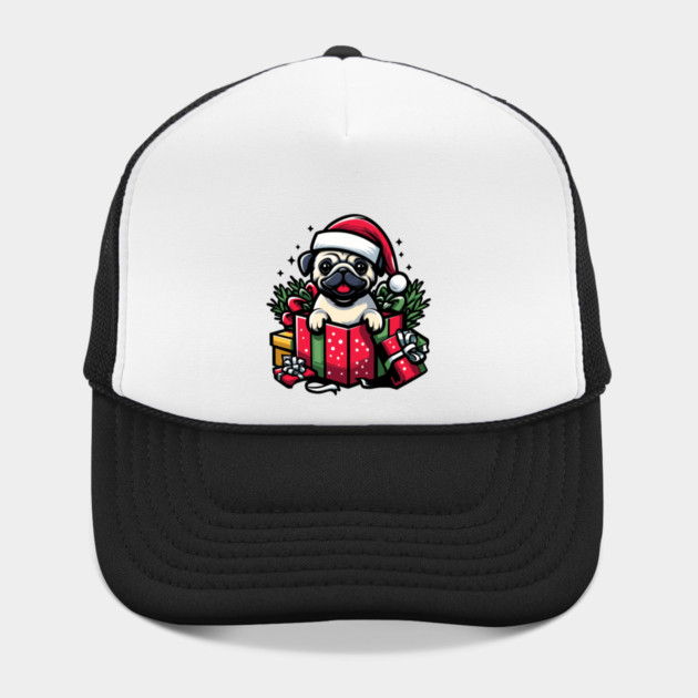 Pug In Present Dog Christmas Festive Santa Hat by Frank Ring