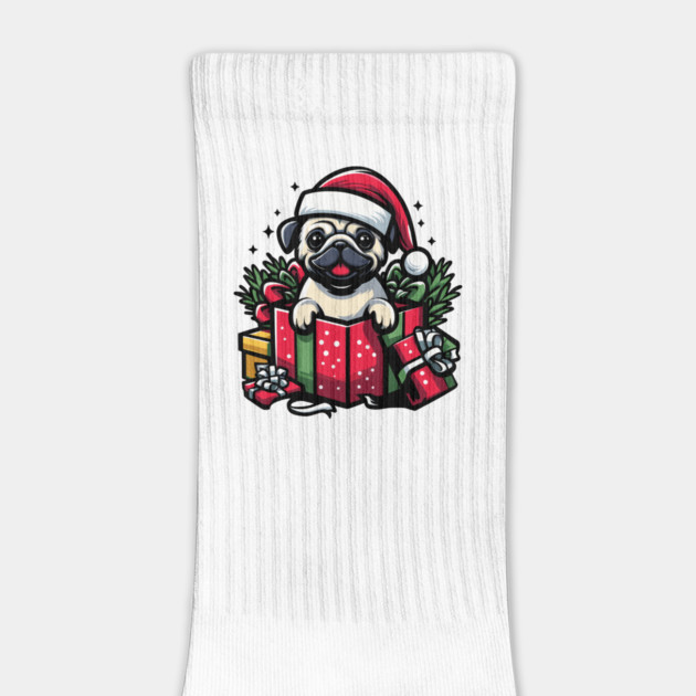 Pug In Present Dog Christmas Festive Santa Hat by Frank Ring