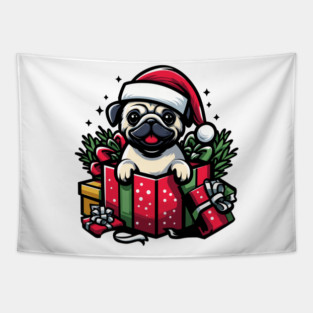 Pug In Present Dog Christmas Festive Santa Hat Tapestry