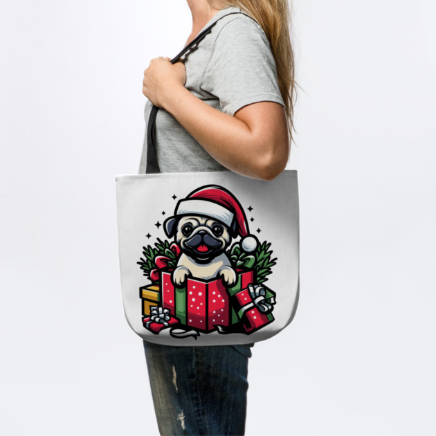 Pug In Present Dog Christmas Festive Santa Hat by Frank Ring