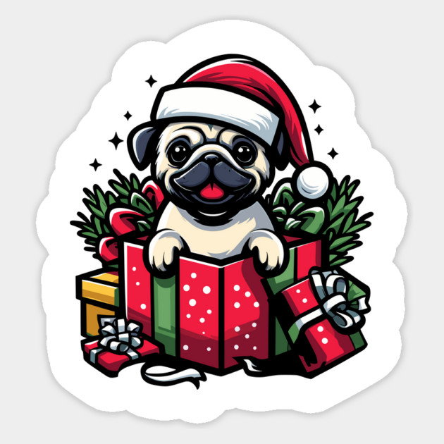 Pug In Present Dog Christmas Festive Santa Hat Sticker by Frank Ring