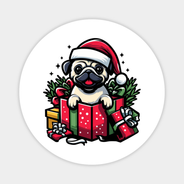Pug In Present Dog Christmas Festive Santa Hat Magnet by Frank Ring