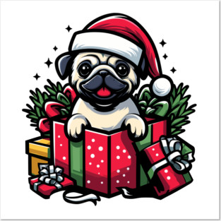 Pug In Present Dog Christmas Festive Santa Hat Posters and Art