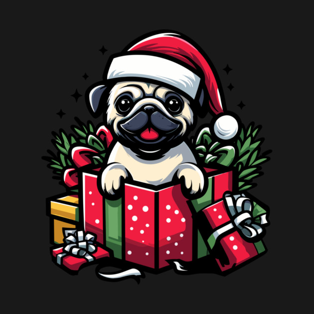 Pug In Present Dog Christmas Festive Santa Hat by Frank Ring
