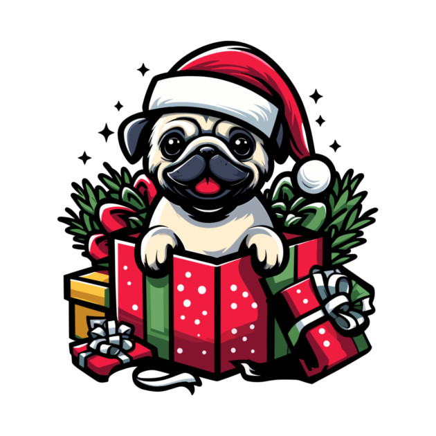 Pug In Present Dog Christmas Festive Santa Hat by Frank Ring