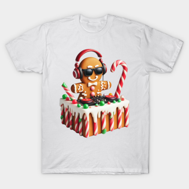 Funny Gingerbread DJ Booth Christmas Holiday Candy Cane T-Shirt by Frank Ring