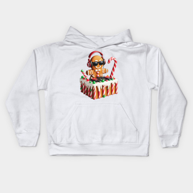 Funny Gingerbread DJ Booth Christmas Holiday Candy Cane Kids Hoodie by Frank Ring