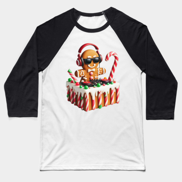 Funny Gingerbread DJ Booth Christmas Holiday Candy Cane Baseball T-Shirt by Frank Ring