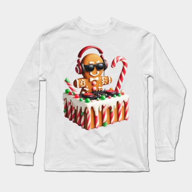 Funny Gingerbread DJ Booth Christmas Holiday Candy Cane Long Sleeve T-Shirt by Frank Ring