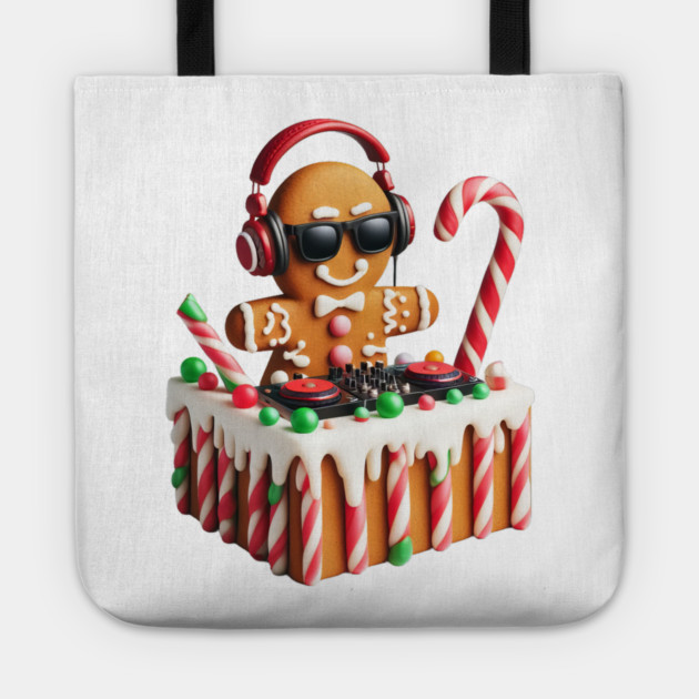 Funny Gingerbread DJ Booth Christmas Holiday Candy Cane Tote by Frank Ring