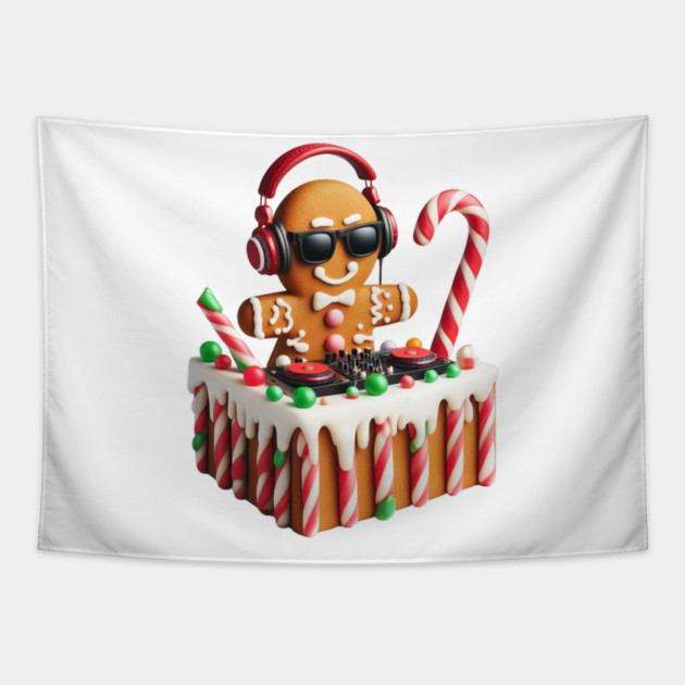 Funny Gingerbread DJ Booth Christmas Holiday Candy Cane Tapestry by Frank Ring