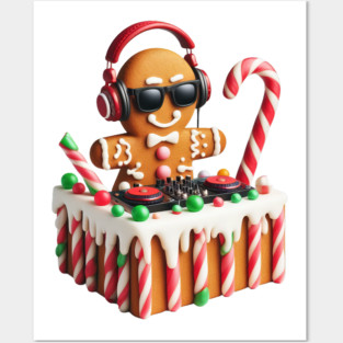 Funny Gingerbread DJ Booth Christmas Holiday Candy Cane Posters and Art
