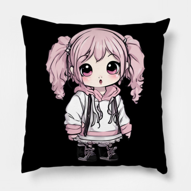 Pink Hair Kawaii Girl Pillow by animegirlnft