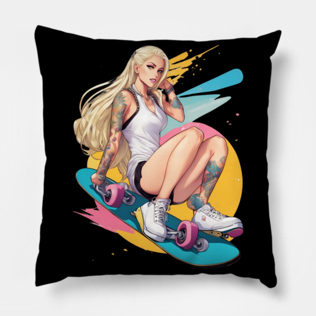 Skateboard Girl Pillow by animegirlnft