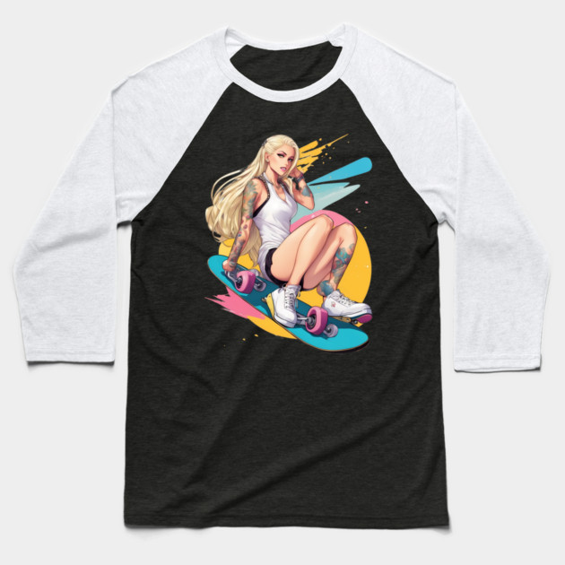 Skateboard Girl Baseball T-Shirt by animegirlnft