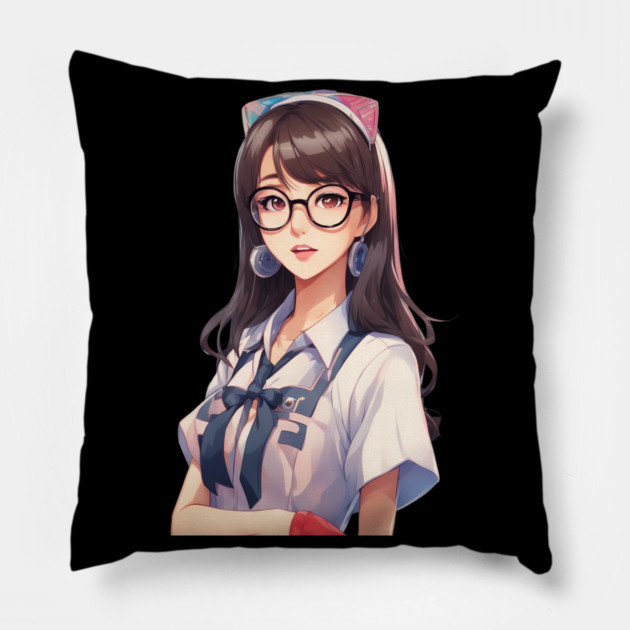 Nerd Asian Schoolgirl Pillow by animegirlnft
