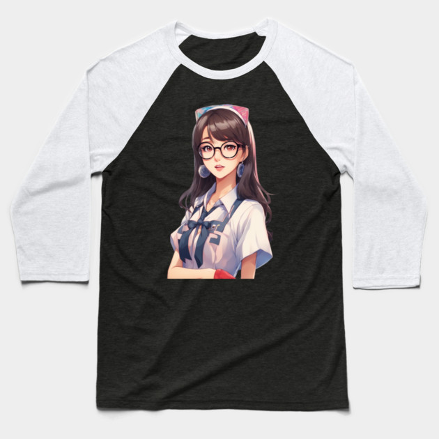 Nerd Asian Schoolgirl Baseball T-Shirt by animegirlnft