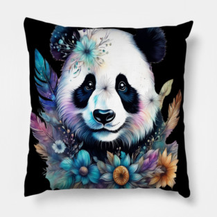 Fantasy, Watercolor, Panda Bear With Flowers and Butterflies Pillow