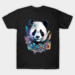 Fantasy, Watercolor, Panda Bear With Flowers and Butterflies T-Shirt