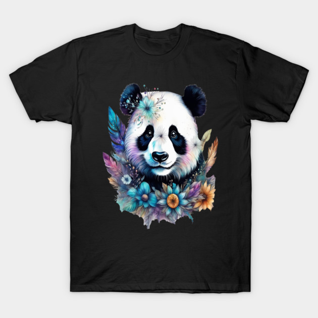 Fantasy, Watercolor, Panda Bear With Flowers and Butterflies T-Shirt by BirdsnStuff